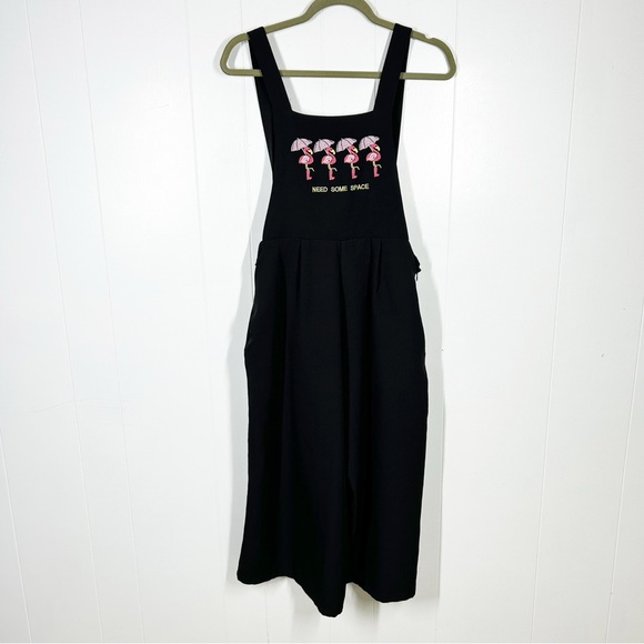 Reyon Black Need Some Space Flamingo Embroidered Wide Leg Overalls 40 (US S) - Picture 1 of 7